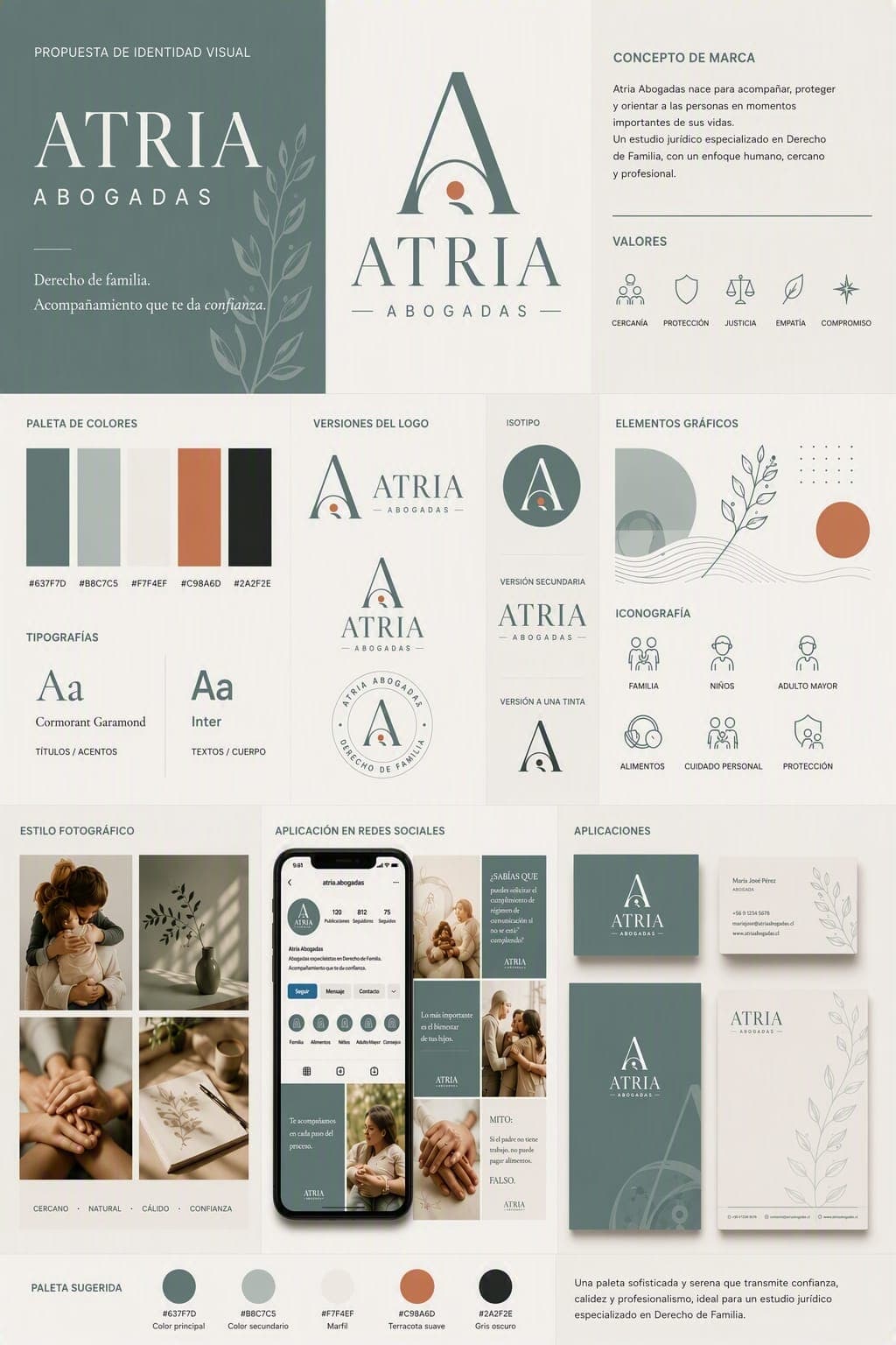 Sistema de identidad visual de Atria Abogadas, con logotipo, paleta, redes sociales y aplicaciones