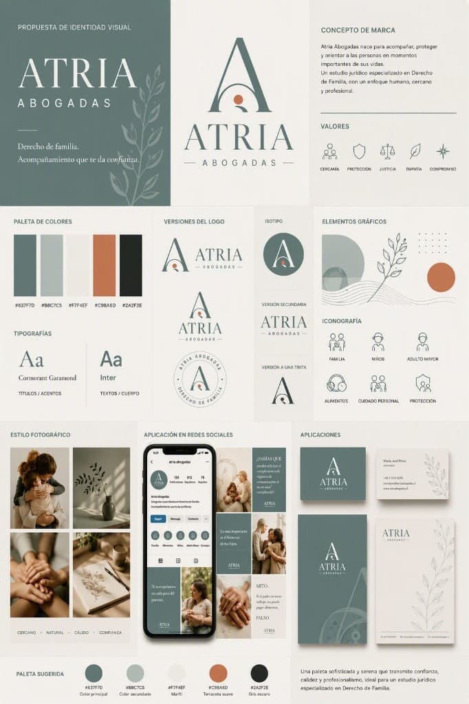 Sistema de identidad visual de Atria Abogadas: logotipo, paleta, redes sociales y aplicaciones