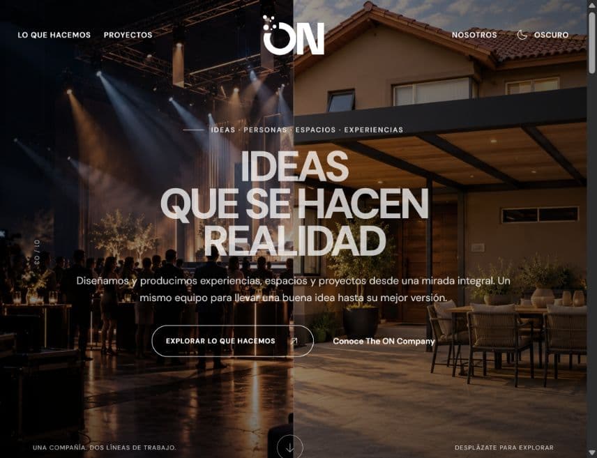Vista de la página de inicio de The ON Company, con sus líneas de eventos y diseño y construcción